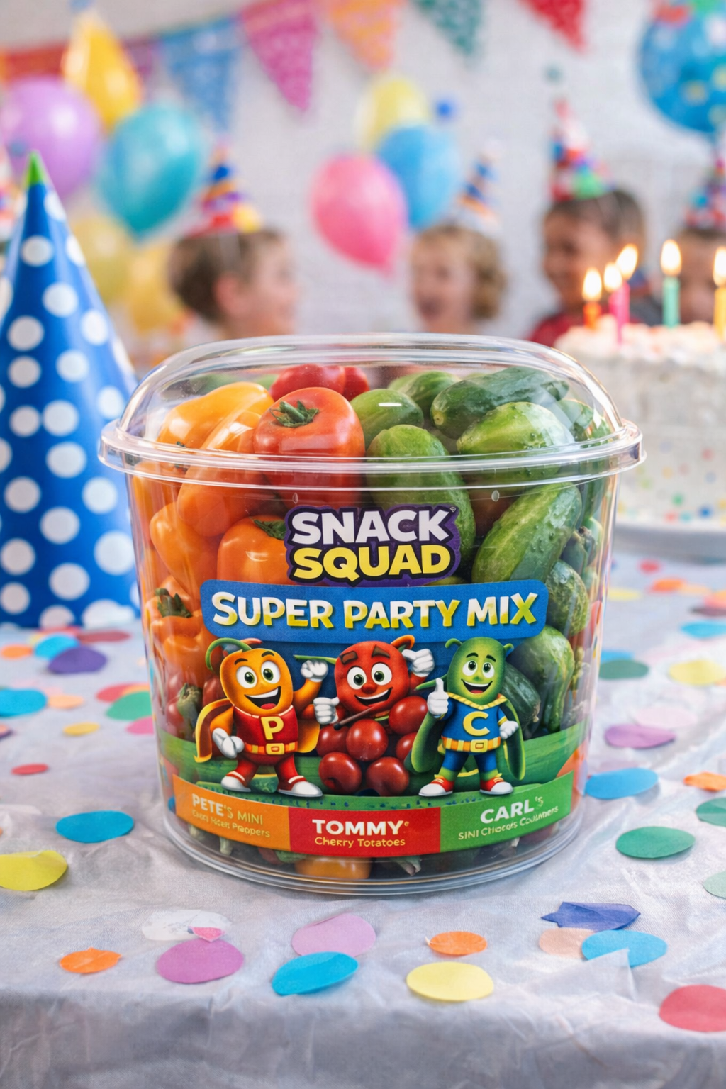 Snack Squad party mix bucket at a birthday party