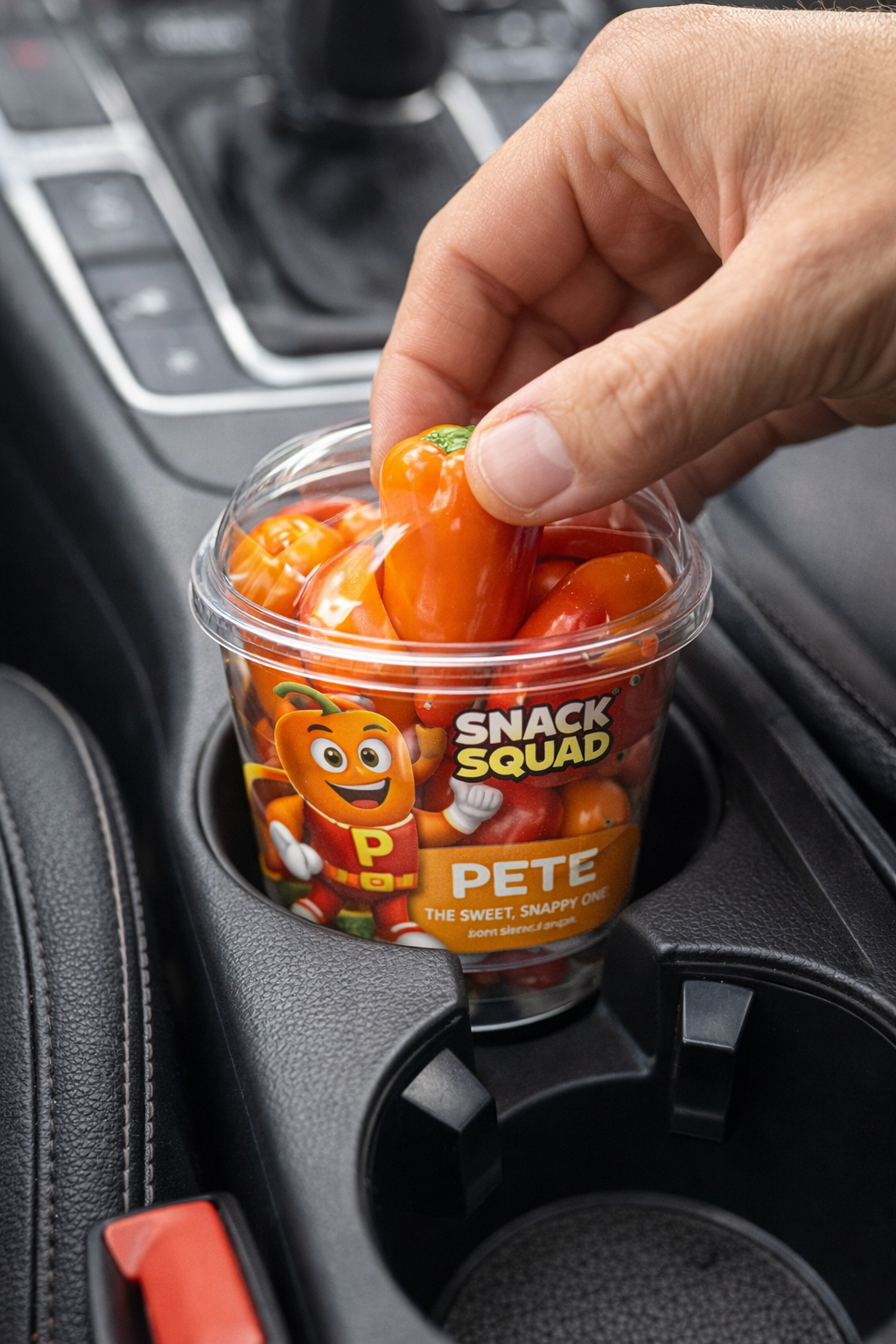 Pete snack cup in car cupholder with hand reaching to grab a pepper